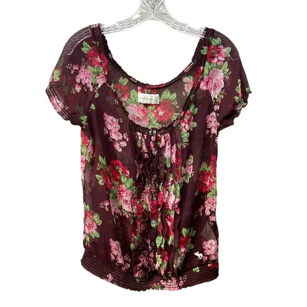 Abercrombie & Fitch Sheer Floral Short Sleeve‎ Top Size Small (S)